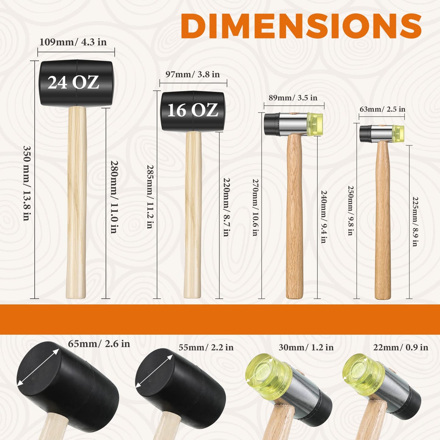 4 Pieces 16 oz/ 24 oz Rubber Mallet Hammer and 25 mm/ 35 mm Double Face Hammer, Rubber Hammer Soft Hammer Wood Handle Hammer for Flooring DIY Crafts