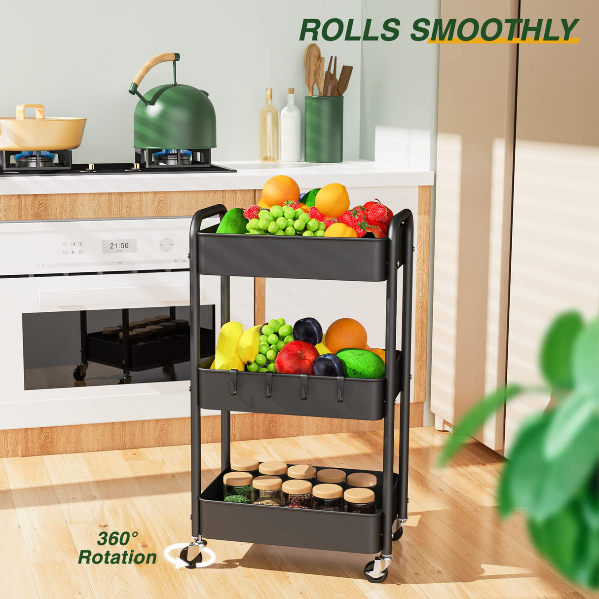 LEHOM 3 Tier Rolling Utility Cart, Metal Trolley Cart with Wheels, Hooks, Easy Assembly Organizer Storage Cart for Bathroom, Kitchen, Office, LEHOM