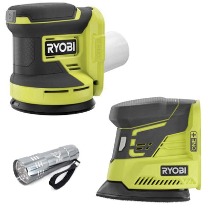 Buho Cordless Power Sander Accessory Bundle -18 Volt with Ryobi 5 Inch Random Orbit Sander Corner Cat Finish Sander Pocket Flashlight (Bare Tool