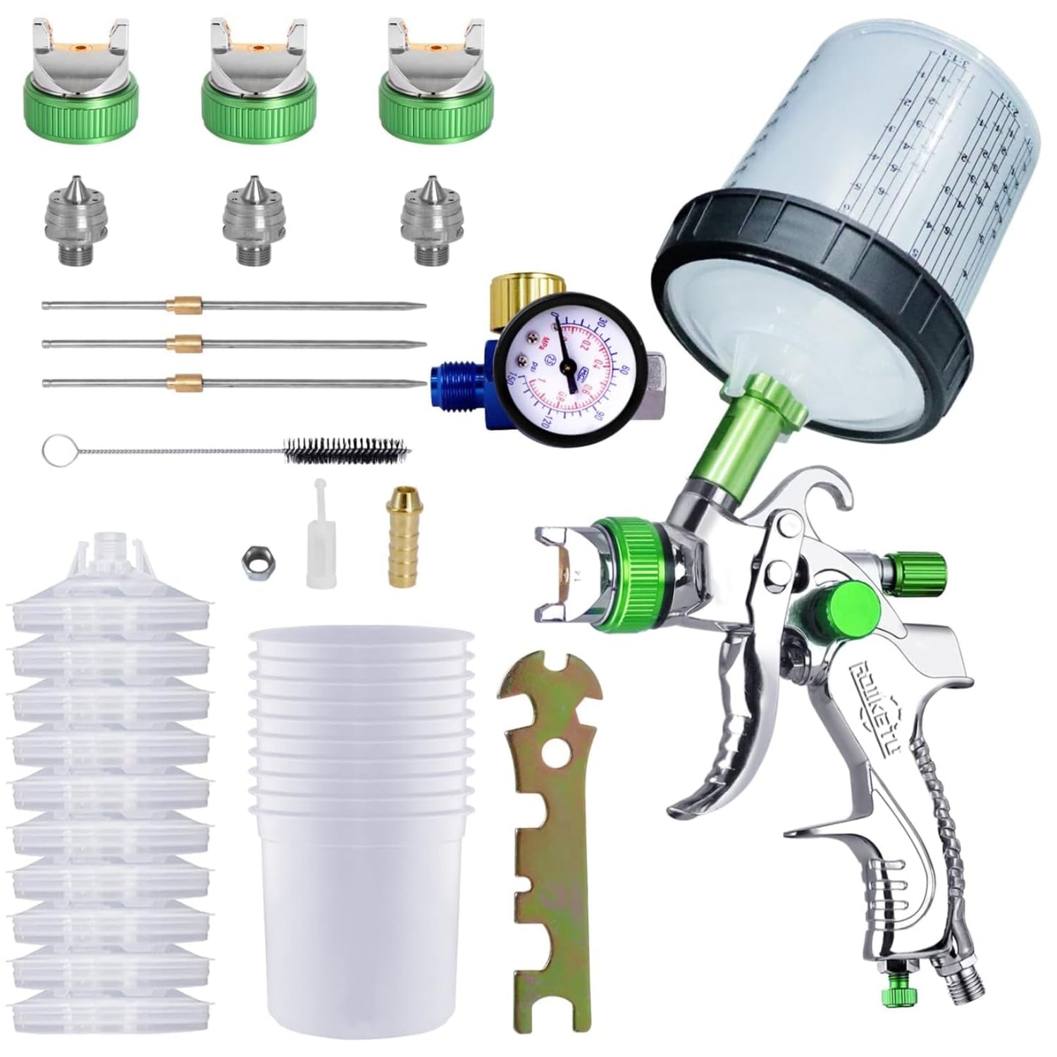 ROIKETU HVLP Paint Sprayer with 10pcs 600ML Mixing Quick Cup,Spray Paint Gun Set Contain 3 Nozzles 1.4/1.7/2mm &Pressure Gauge for Car ROIKETU