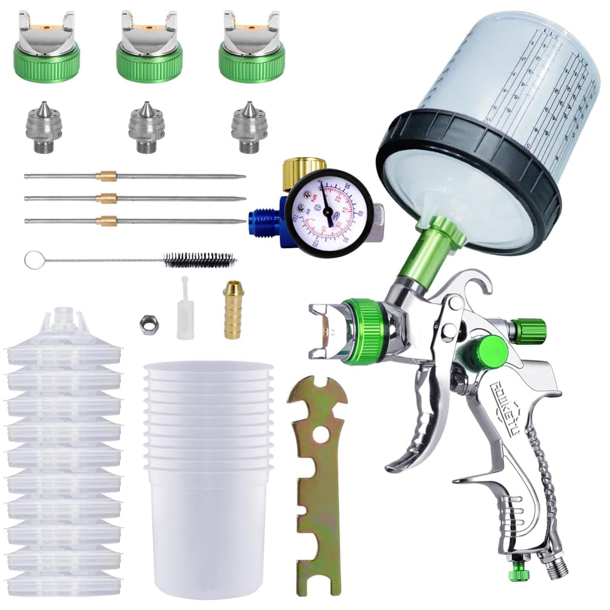 ROIKETU HVLP Paint Sprayer with 10pcs 600ML Mixing Quick Cup,Spray Paint Gun Set Contain 3 Nozzles 1.4/1.7/2mm &Pressure Gauge for Car ROIKETU