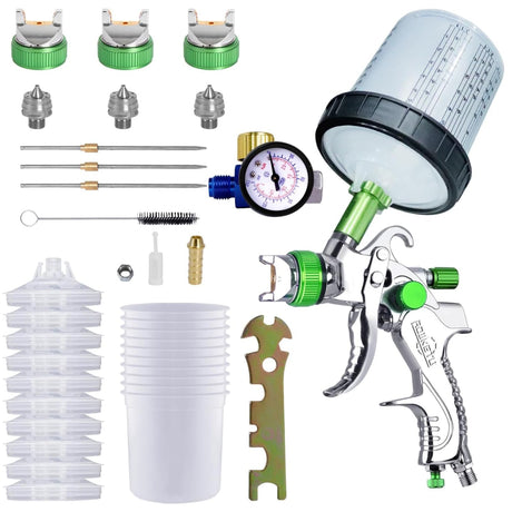 ROIKETU HVLP Paint Sprayer with 10pcs 600ML Mixing Quick Cup,Spray Paint Gun Set Contain 3 Nozzles 1.4/1.7/2mm &Pressure Gauge for Car ROIKETU