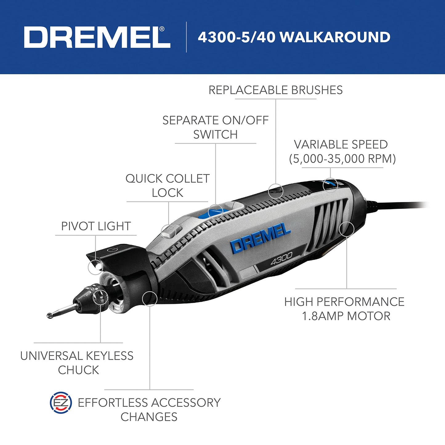 Dremel 4300-5/40 High Performance Rotary Tool Kit with LED Light- 5 Attachments & 40 Accessories- Engraver, Sander, and Polisher- Perfect for - WoodArtSupply