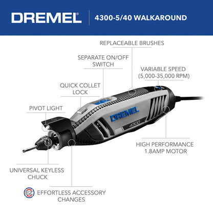 Dremel 4300-5/40 High Performance Rotary Tool Kit with LED Light- 5 Attachments & 40 Accessories- Engraver, Sander, and Polisher- Perfect for - WoodArtSupply