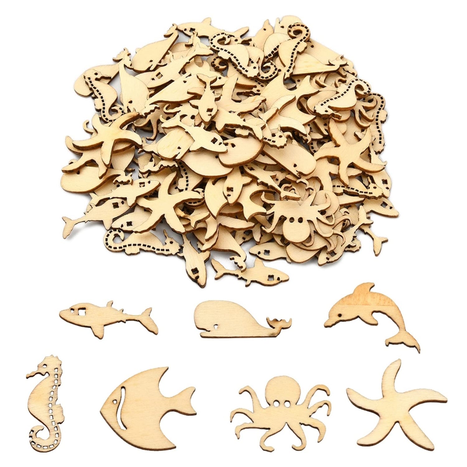 Stiesy 100 Pcs Assorted Sea Animal Theme Wood Cabochons Shark Agarfish Dolphin Seahorse Octopus Clownfish Unfinished Wooden Cutouts Slice Pieces Stiesy