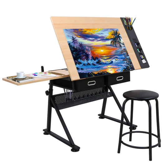 ZENY Drafting Table Art Desk Drawing Table Height Adjustable Artist Table Tilted Tabletop w/Drafting Stool and Storage Drawer for Reading, Writing,