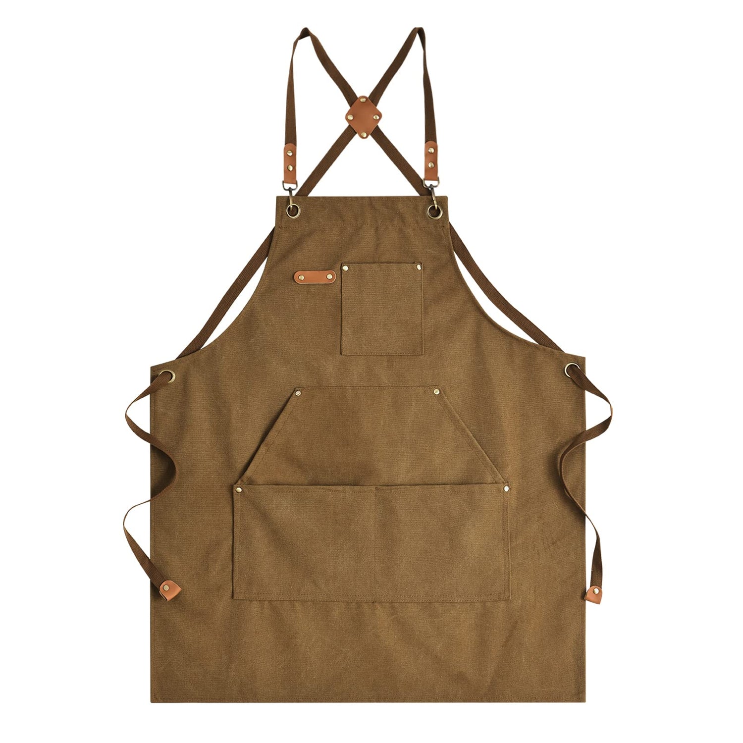 Aoomzoon Canvas Aprons for Men Chef Apron, Work Apron with Large Pockets - Durable 16oz Heavy Duty Cross Back, BBQ, Cooking (Brown, 1 Pack) Aoomzoon