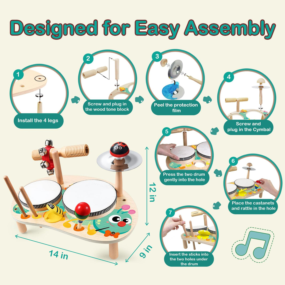 GraceDuck Kids Drum Set for Toddlers: Montessori Musical Instruments Set Toddler Toys - 7 in 1 Wooden Musical Kit Baby Sensory Educational Toys GraceDuck