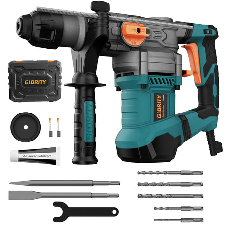 Glority 13 Amp Rotary Hammer Drill with Safety Clutch, Variable Speed, 5 Bits, Chisels GLORITY