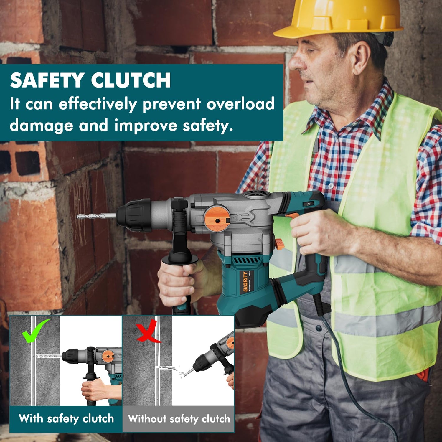 Glority 13 Amp Rotary Hammer Drill with Safety Clutch, Variable Speed, 5 Bits, Chisels GLORITY