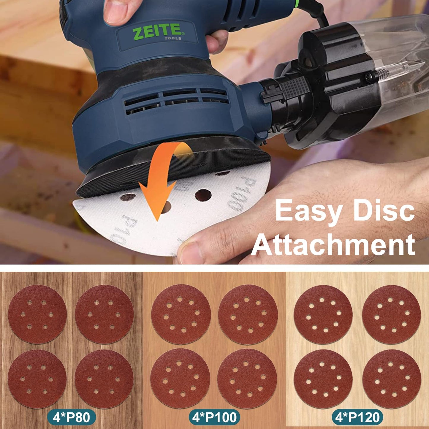 ZEITE 5 Inch Random Orbital Sander, 3.0 Amp Sander Tool for Woodworking, Variable Speed 5000-12000 OPM, 10 Feet Cord, Cyclonic Dust Box, Vacuum - WoodArtSupply