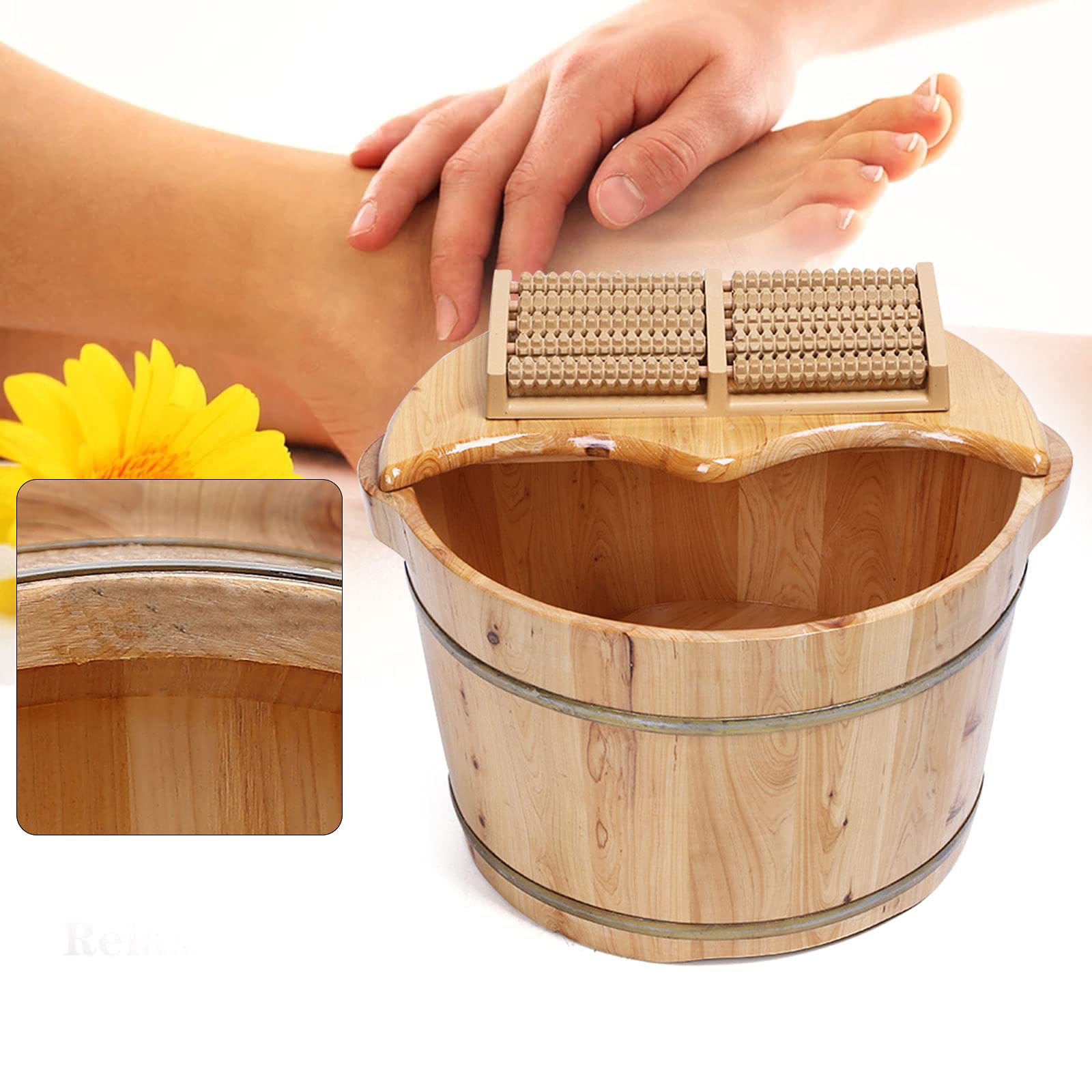 AngelcityCC Wood Foot Tub with Massager and lid, Solid Wood Handmade Wooden Foot Basin Set for Soaking Feet Spa Foot Care - WoodArtSupply