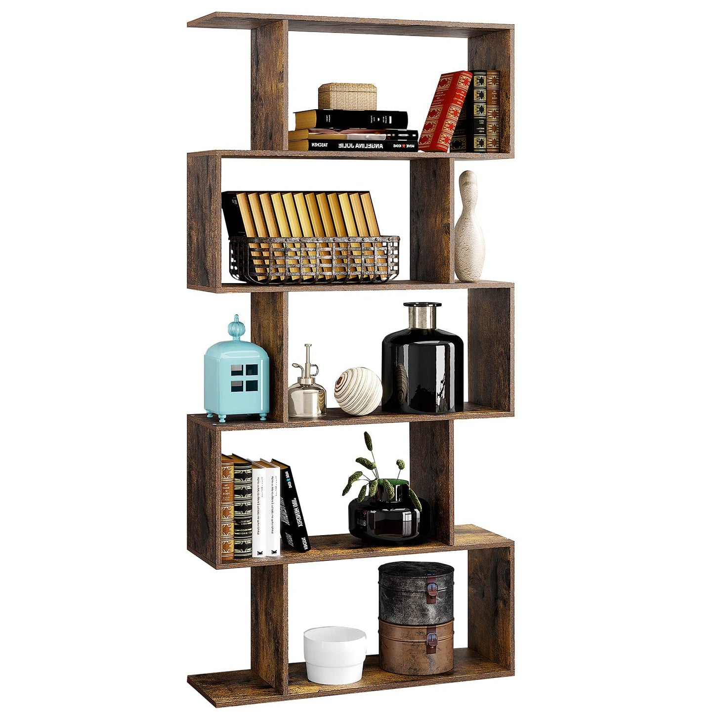 Yusong Rustic Brown 6-Tier S-Shaped Bookcase for Modern Home and Office Décor - WoodArtSupply