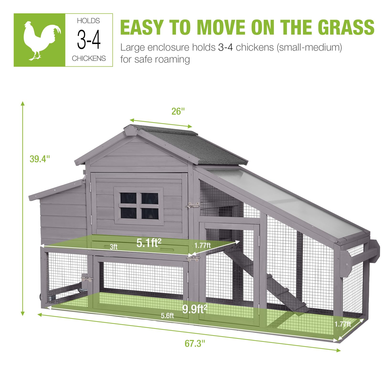 GUTINNEEN Chicken Coop Mobile Hen House Wooden with Run Poultry Cage with Nesting Box,Movable - WoodArtSupply