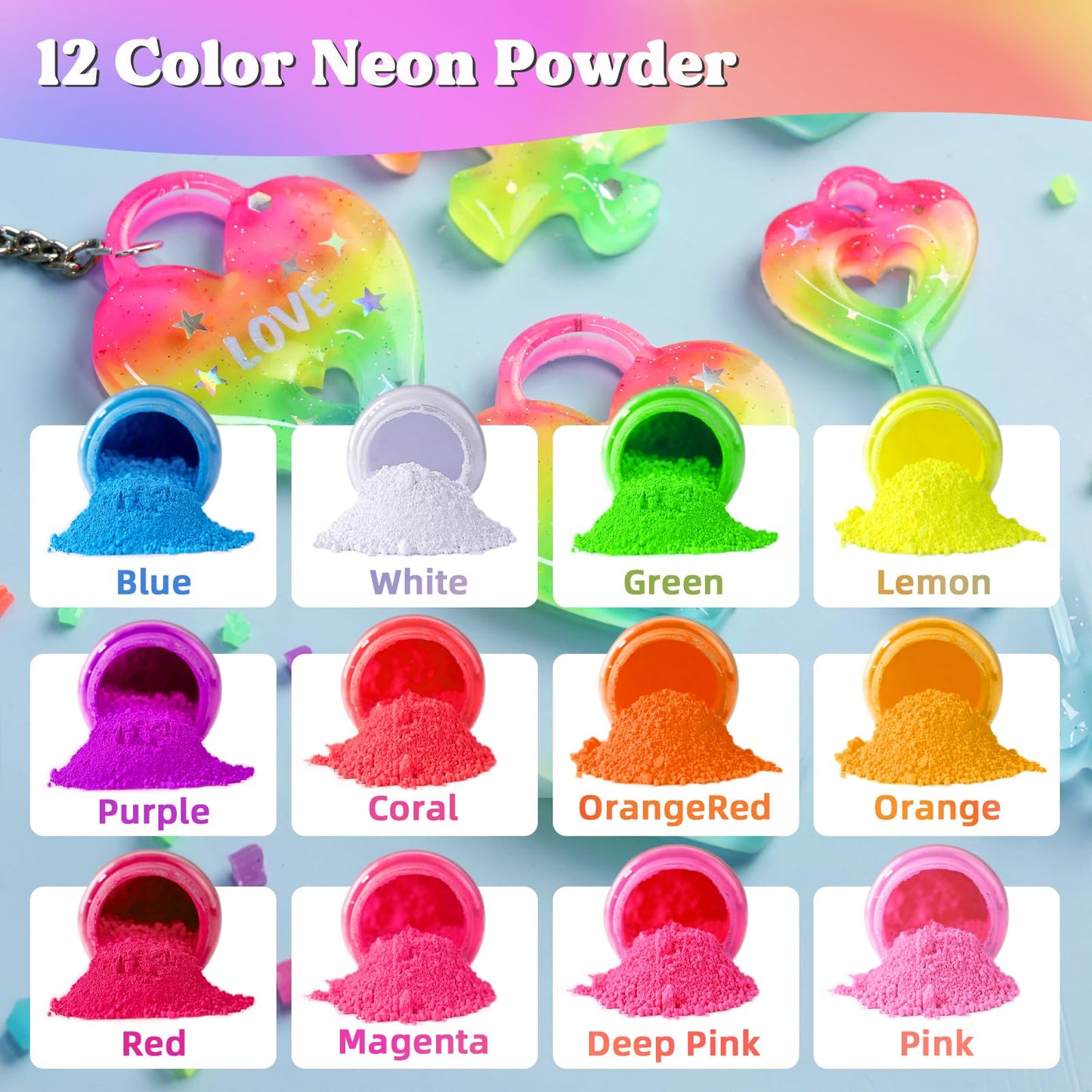 LET'S RESIN Neon Pigment Powder,12Colors Fluorescent Powder,10g/Bottle of Mica Powder for Epoxy Resin,Nail,Tumblers,Soap Making,Slime &