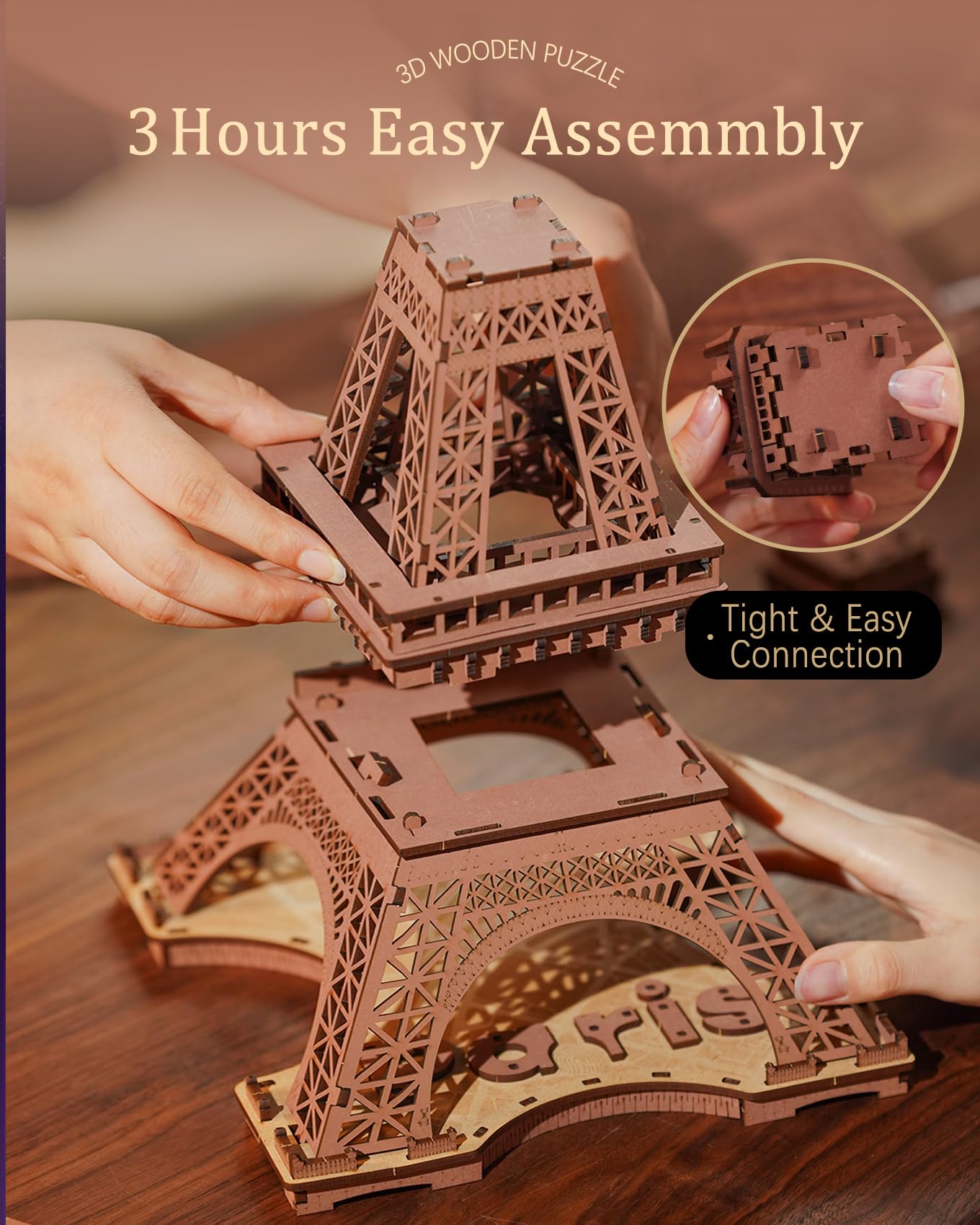 ROBOTIME 3D Puzzle for Adults DIY Model Building Kit with LED Light Wooden Eiffel Tower Craft Kit Architecture Toy Set Brain Teaser Gifts for Kids - WoodArtSupply