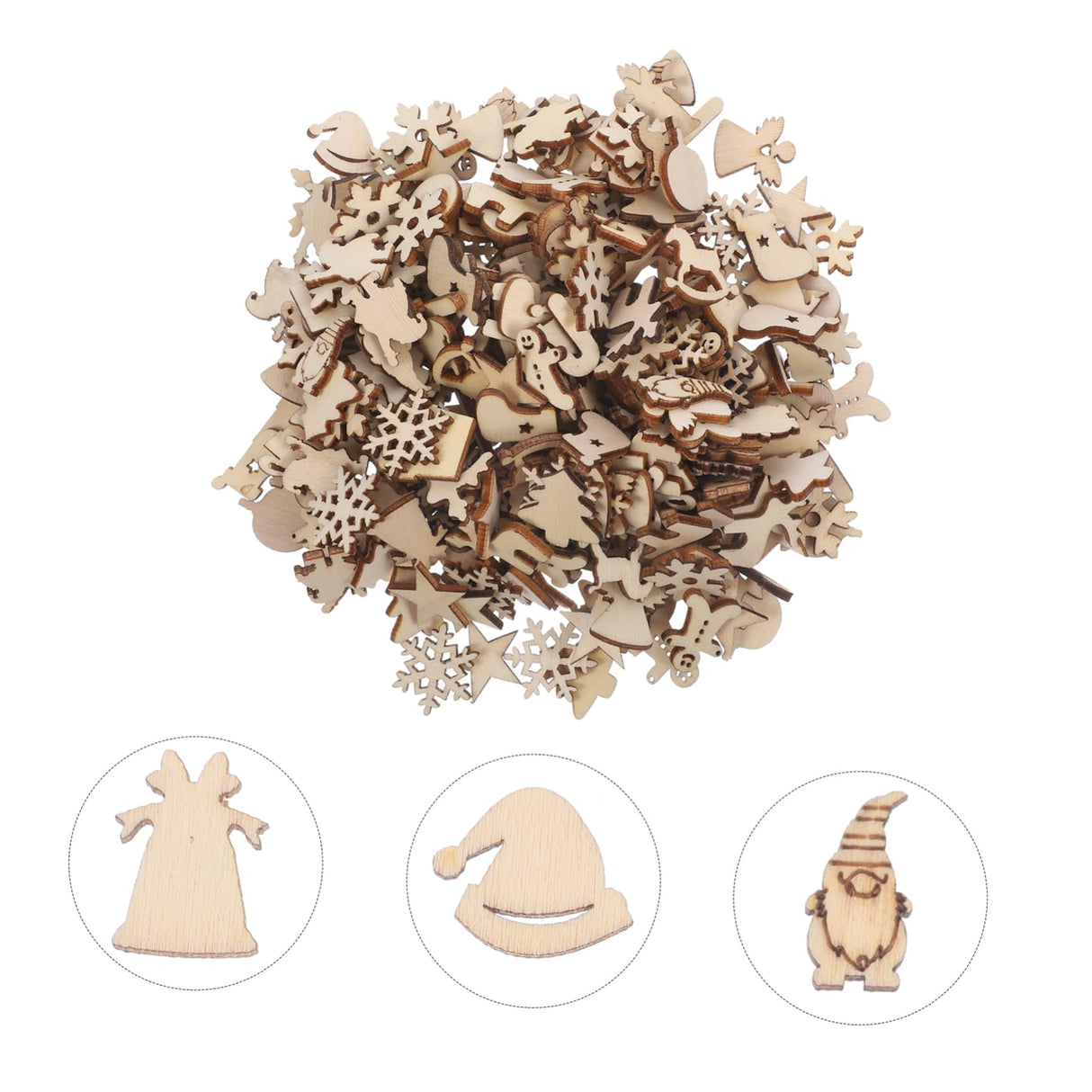 VOSAREA 300pcs Christmas Wood Chips Miniature Christmas Ornaments Unfinished Snowflake Cutout Jingle Bell Wood Cutout Unfinished Hanging Ornament VOSAREA