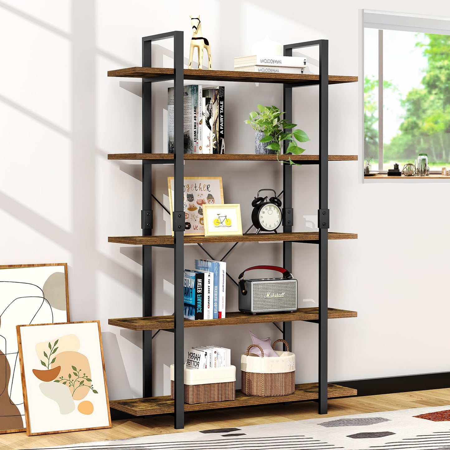 FRAPOW 5 Tier Bookshelf, 70 inch Tall Solid Bookcase Industrial Wooden Bookshelves Large Wall Etagere Rustic Vintage Book Shelf with Metal Frame Open
