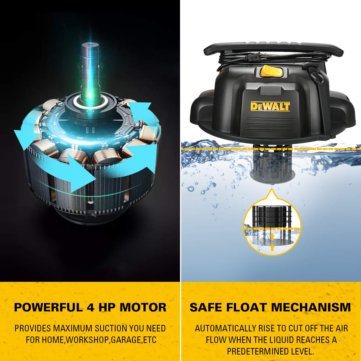 DEWALT DXV05P 5Gallon Poly Wet/Dry, 4 Peak HP Shop Vacuums, 5 Gallon, Yellow+Black DEWALT