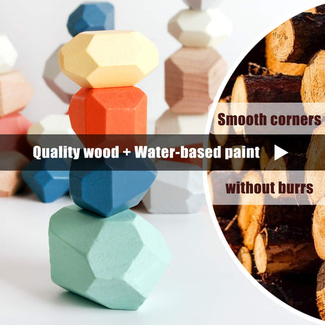 BESTAMTOY 36 PCS Wooden Sorting Stacking Rocks Stones,Sensory Toddler Toys Learning Montessori Toys, Building Blocks Game for Kids 1 2 3 4 5 6 Years BESTAMTOY