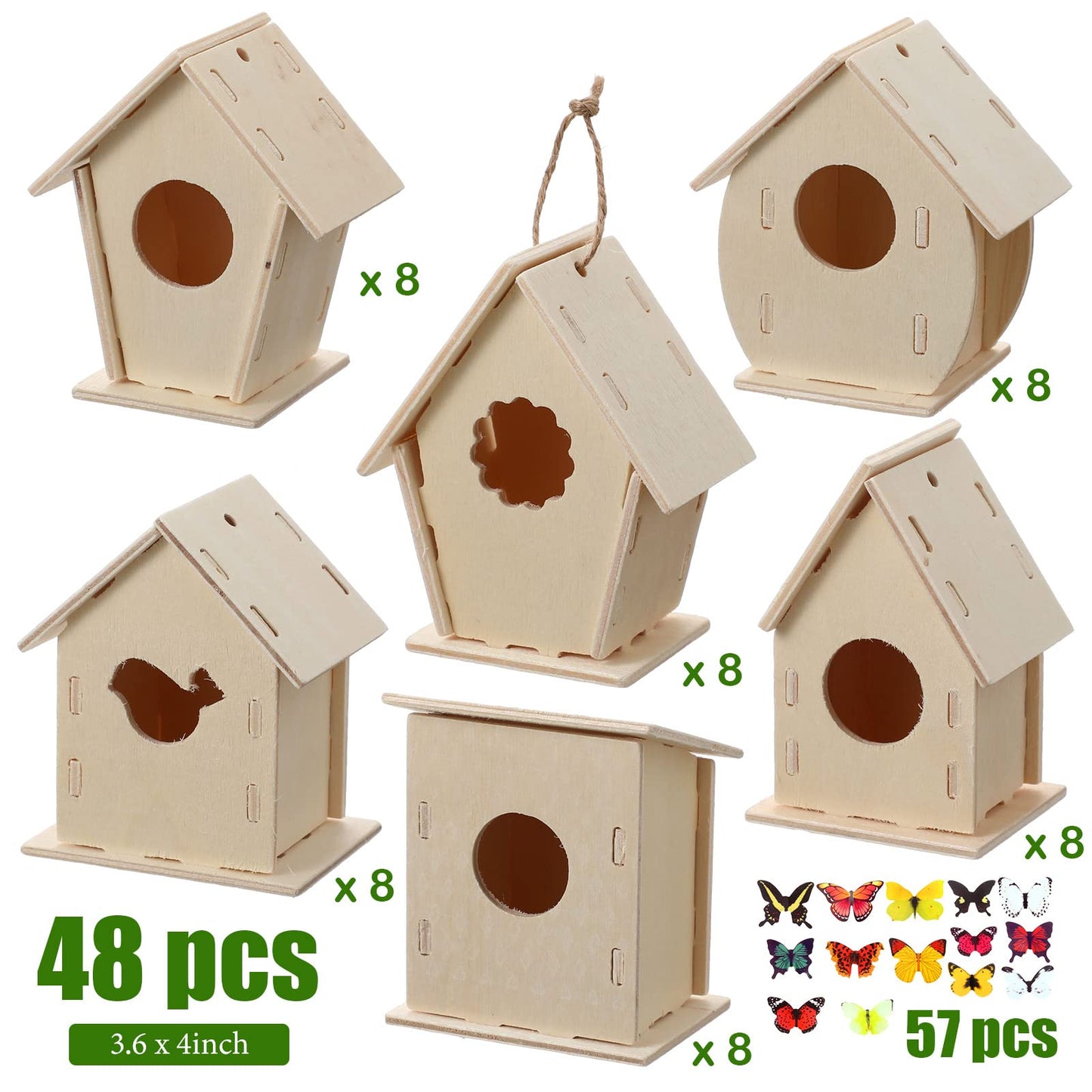 48 Wooden Bird House Kits for Children to Build, Wooden Birdhouse in 6 Shapes and 57 Stereoscopic Butterfly Sticker for Kids Party Art and Craft Kits