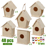 48 Wooden Bird House Kits for Children to Build, Wooden Birdhouse in 6 Shapes and 57 Stereoscopic Butterfly Sticker for Kids Party Art and Craft Kits Sawysine