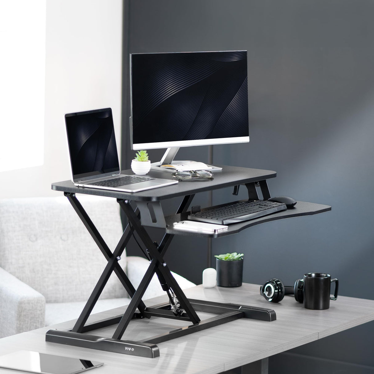 VIVO 32 inch Desk Converter, K Series, Height Adjustable Sit to Stand Riser, Dual Monitor and Laptop Workstation with Wide Keyboard Tray, Black, VIVO