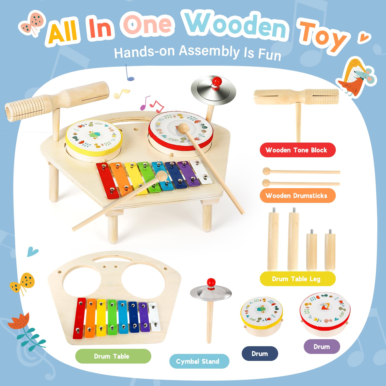 Hilifexll Kids Drum Set for Toddlers 1-3, Baby Preschool Musical Toys 7 in 1 Montessori Instruments Set Wooden Music Toy Baby Drum Kit Xylophone - WoodArtSupply