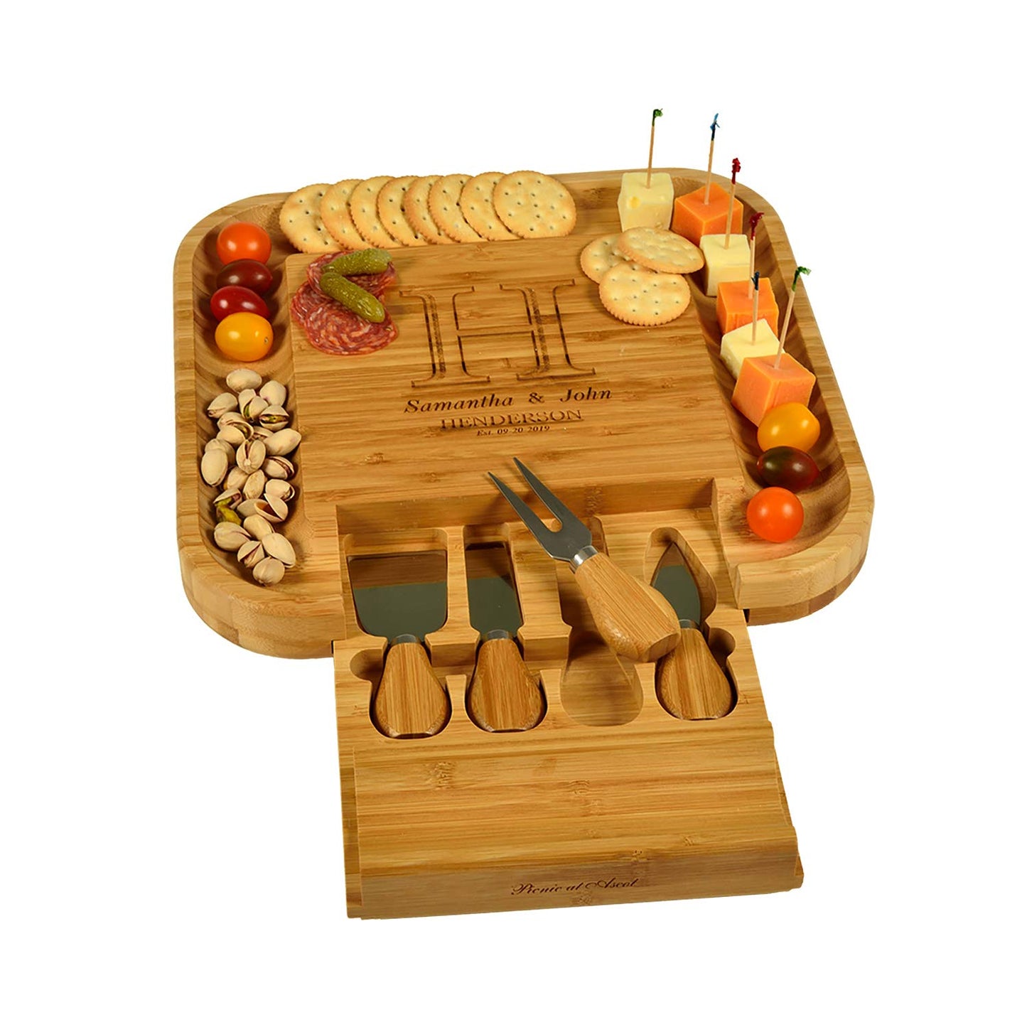 Custom Personalized Engraved Bamboo Cheese/Charcuterie Cutting Board with Knife Set & Cheese Markers- Designed & Quality Checked in USA - WoodArtSupply