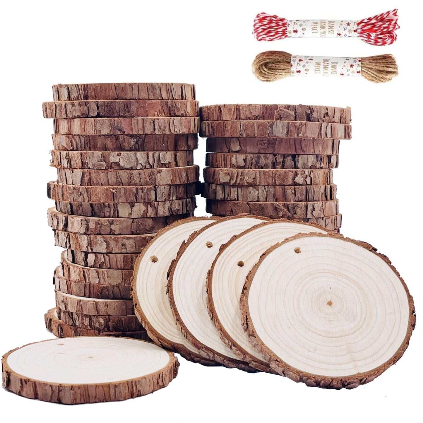 Unfinished Natural Wood Slices 32 Pcs 3.5-4 Inch Wood Coaster Sets Pieces Craft Wood kit Predrilled with Hole Wooden Circles Great for Arts and