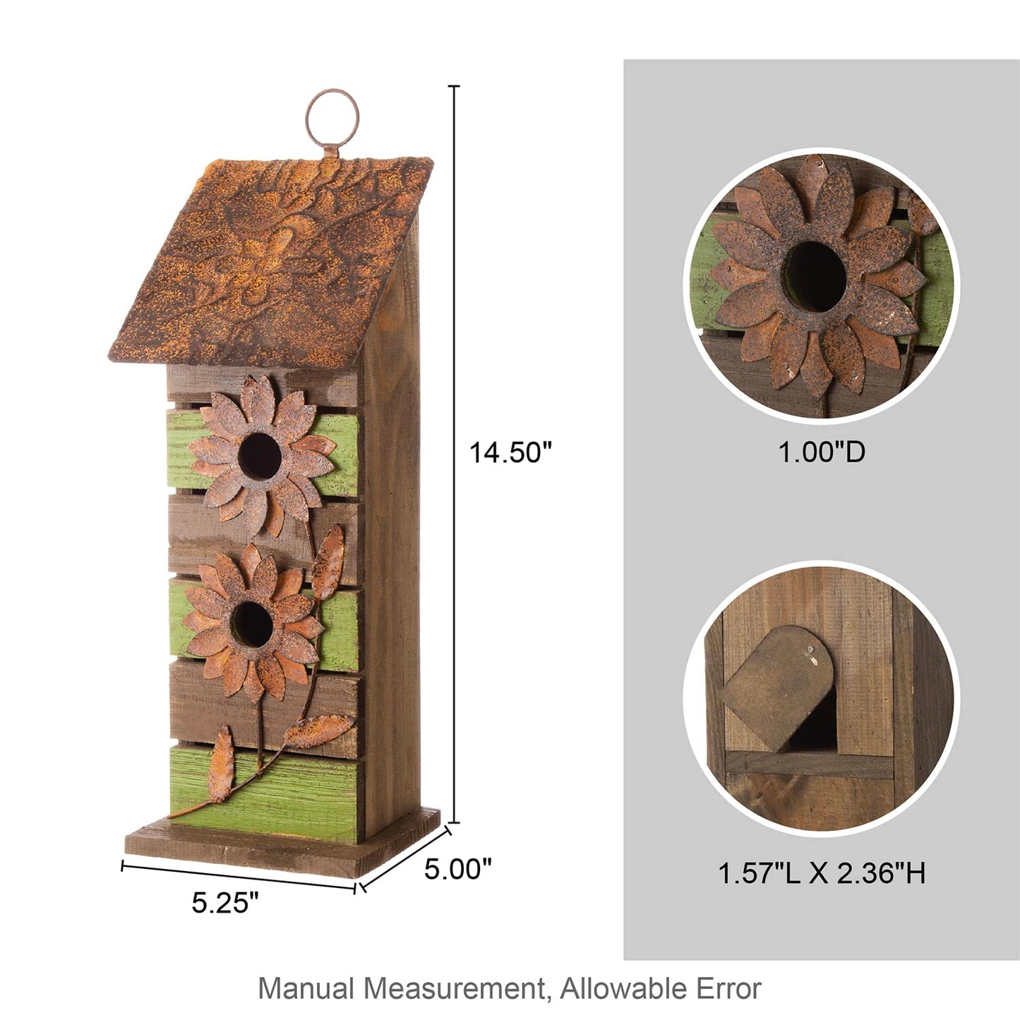 Glitzhome 14.5" H Wooden Garden Bird House Hanging Two-Tiered Distressed with Flowers Decorative Birdhouse - WoodArtSupply