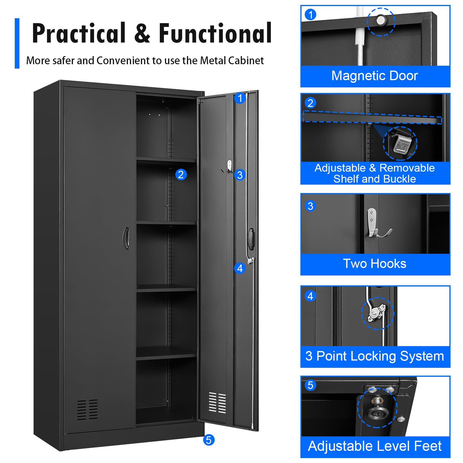 Metal Storage Cabinet with Lock, 71" Lokcing Cabinet with 2 Hooks, 2 Door Cabinet with 4 Adjustable Shelf, Heavy Duty Garage Cabinets and Storage - WoodArtSupply