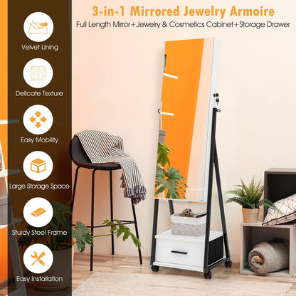 CHARMAID Rolling Jewelry Cabinet with Full Length Mirror, Lockable Standing Jewelry Armoire with Wheels, Steel Legs, Lipstick Brush Storage, Jewelry