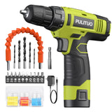 PULITUO 12V Green Cordless Drill Set Power Drill Kit with Battery and Charger,electric drill home improvement,3/8-Inch Keyless Chuck,Built-in PULITUO