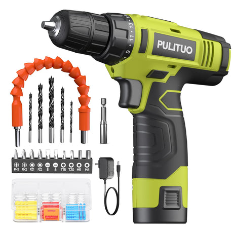PULITUO 12V Green Cordless Drill Set Power Drill Kit with Battery and Charger,electric drill home improvement,3/8-Inch Keyless Chuck,Built-in PULITUO