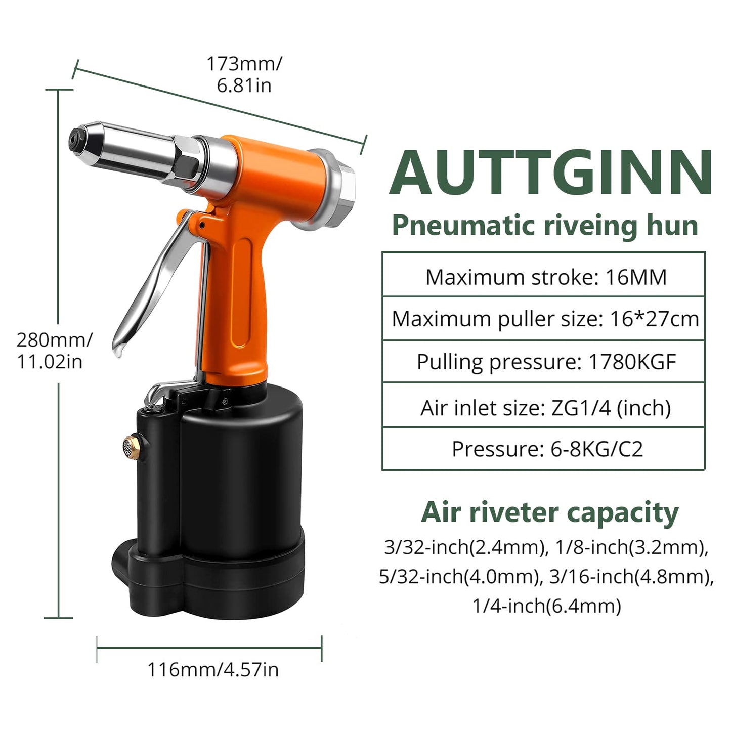 AUTTGINN Pop Pneumatic Rivet Nut Gun Hydraulic Air Double Power Pop Riveter Tool Rivet Gun Hand Tool Set Pneumatic Tool with 500 PCS Rivets 3/32",