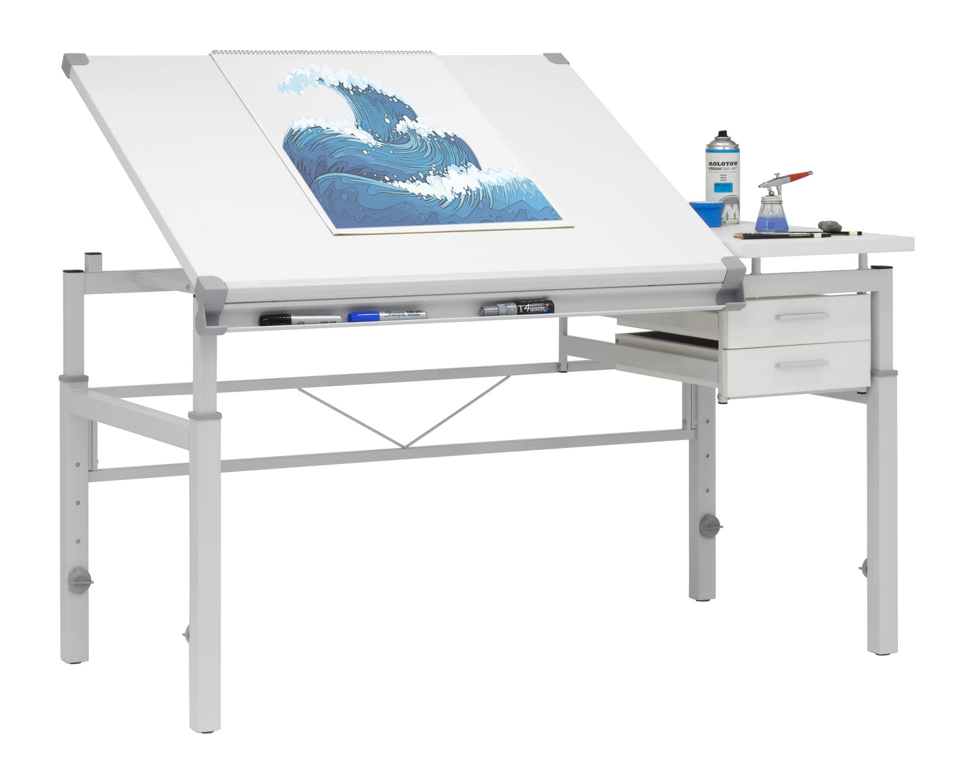 Studio Designs Graphix II Pro Line Split Top Height Adjustable Drafting, Drawing Table with 39.5" x 30" Tilting Top,White - WoodArtSupply