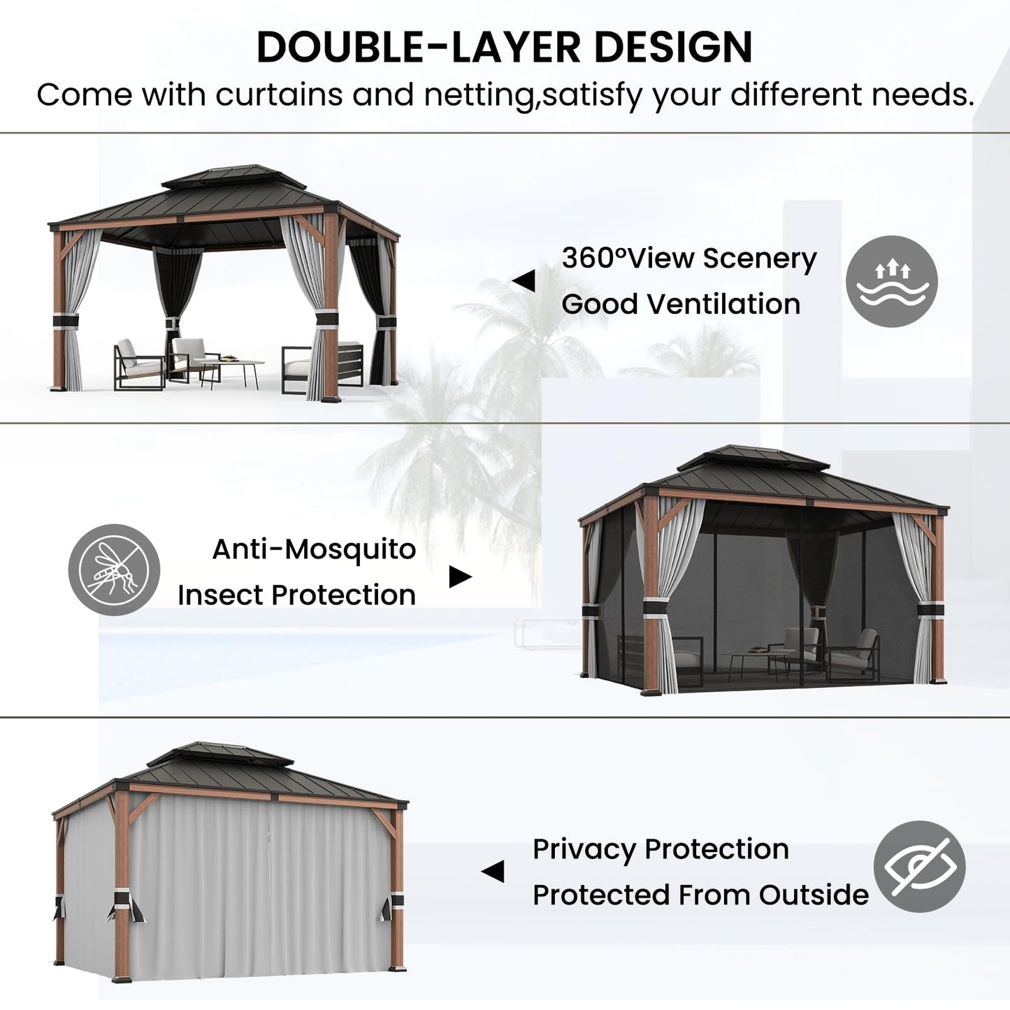 Amopatio 10' X 12' Wood Gazebo, Hardtop Gazebos with Galvanized Steel Double Roof, Outdoor Permanent Metal Aluminum Gazebo for Patio Deck Backyard