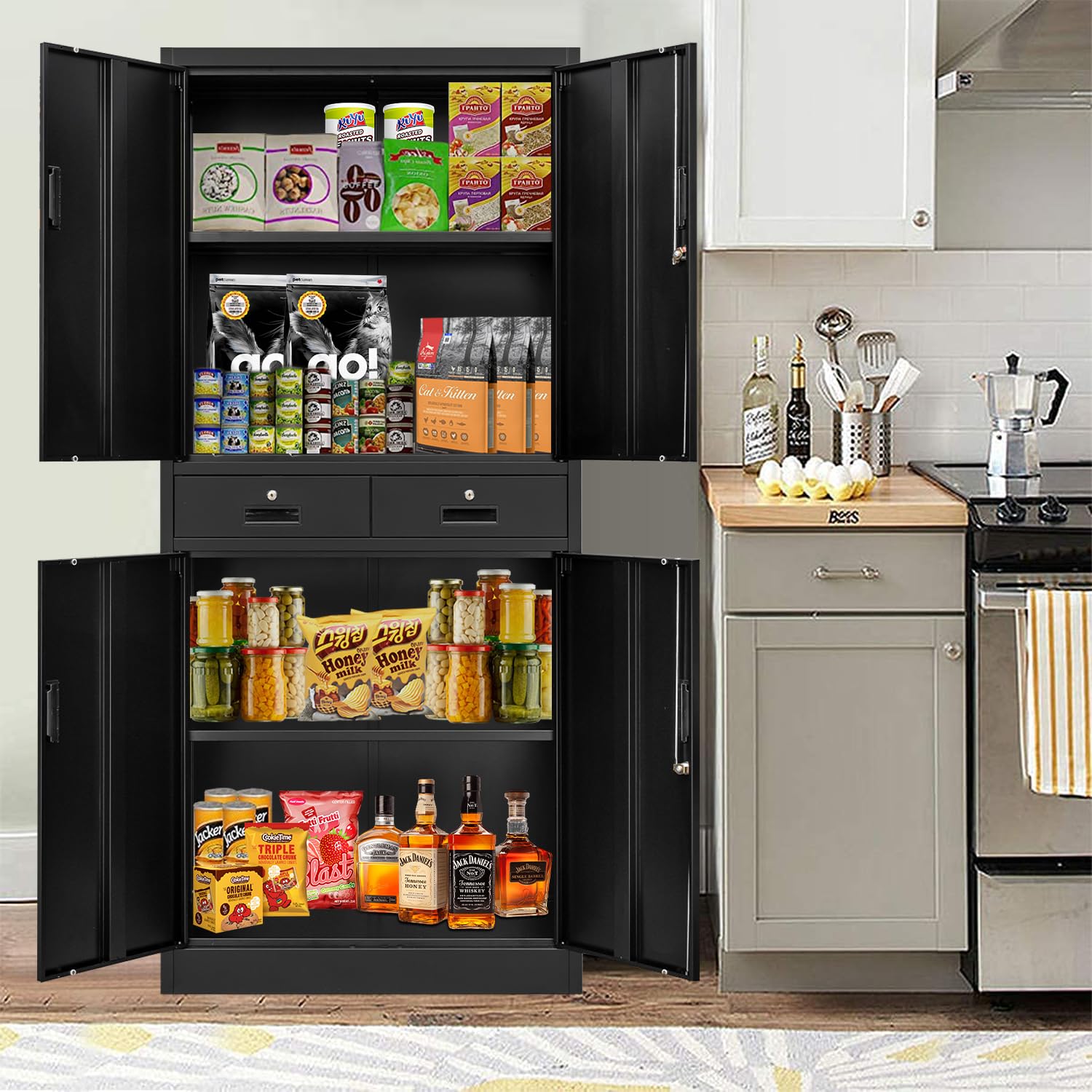 BESFUR Pantry Metal Storage Cabinet with 2 Drawers and Adjustable Shelves, Locking Storage Cabinet for Office, Garage, Home, School, Utility BESFUR