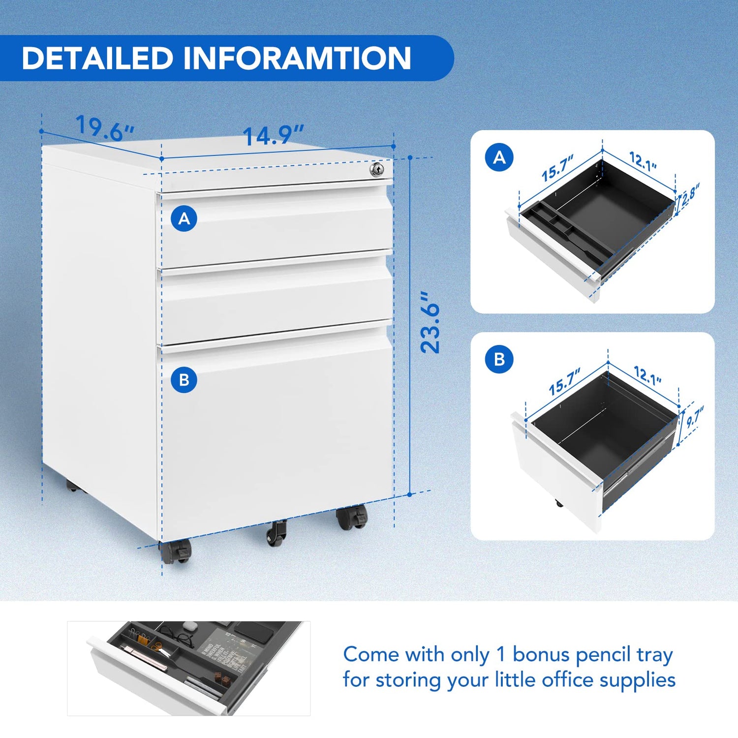 FLEXISPOT 3 Drawer Mobile File Cabinet for Home Office Under Desk Storage, Filing Cabinet with Lock Keys, File Organizer Cabinet for Legal/Letter/A4 FLEXISPOT