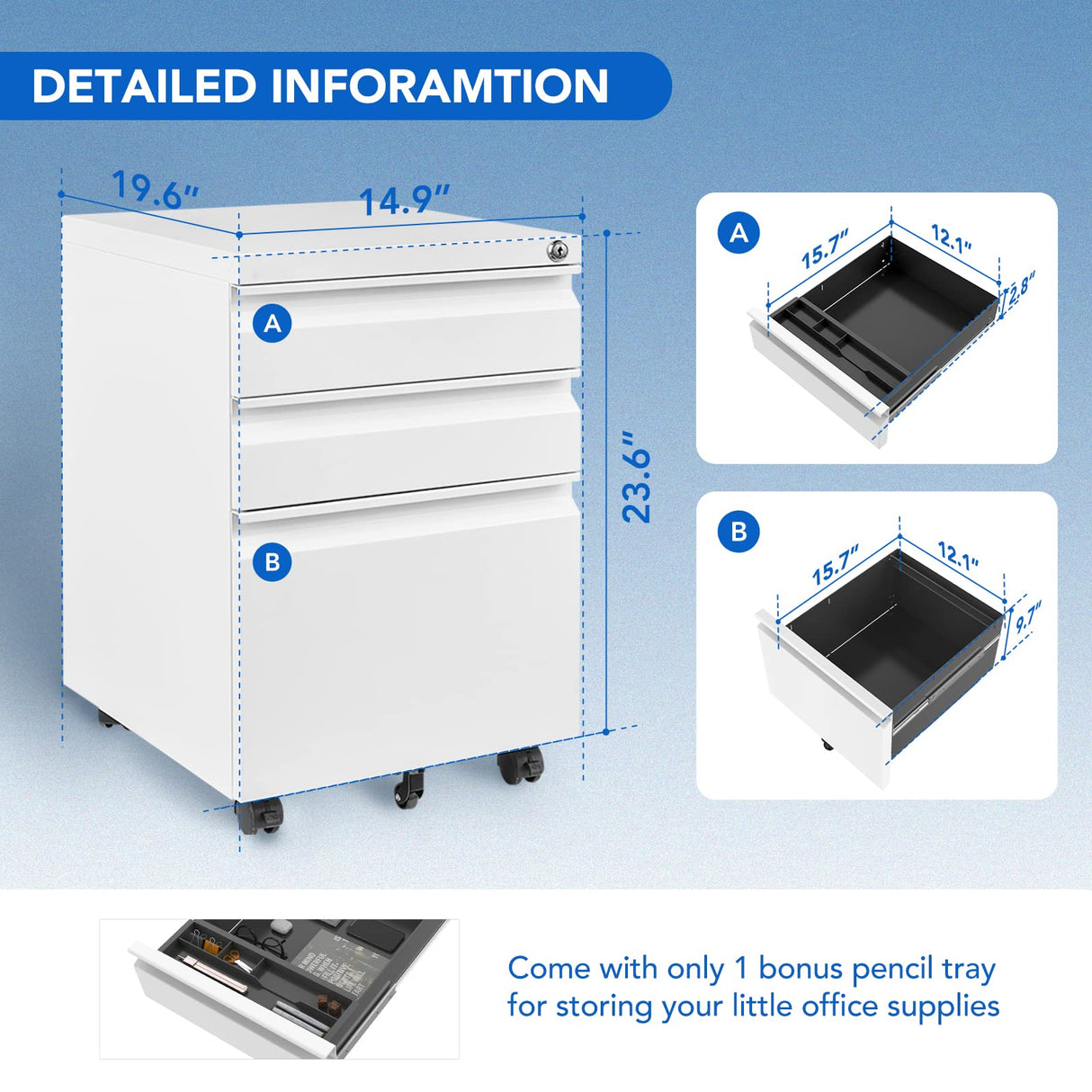 FLEXISPOT 3 Drawer Mobile File Cabinet for Home Office Under Desk Storage, Filing Cabinet with Lock Keys, File Organizer Cabinet for Legal/Letter/A4 FLEXISPOT