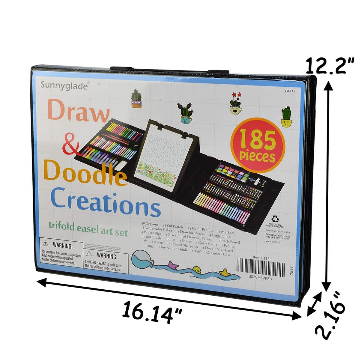 Sunnyglade 185 Pieces Double Sided Trifold Easel Art Set, Drawing Art Box with Oil Pastels, Crayons, Colored Pencils, Markers, Paint Brush, Sunnyglade