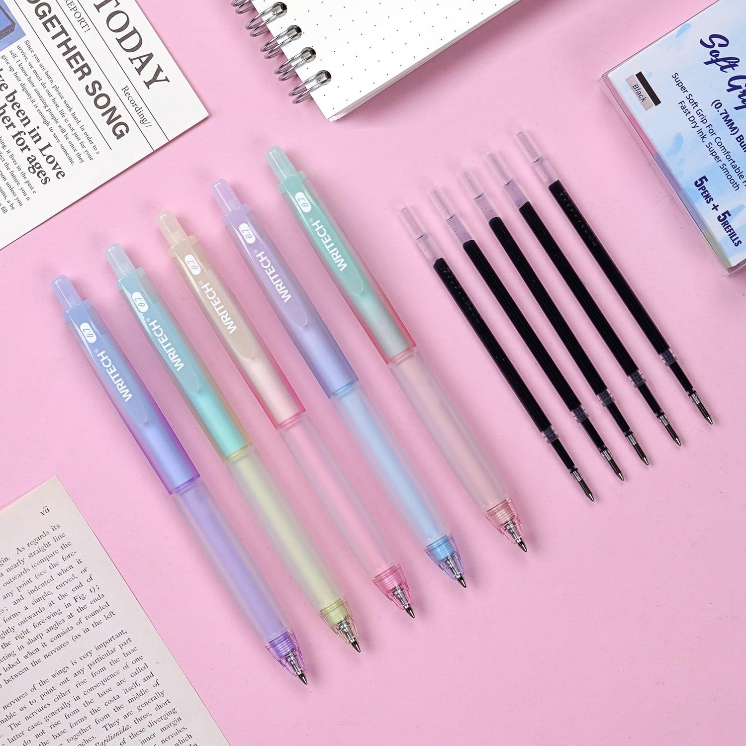 WRITECH Retractable Gel Ink Pens: 0.7mm Black-Ink Aesthetic Gradient Color Barrel Soft Grip Medium Point Pen 5ct with 5 Refills for Journaling Smooth WRITECH