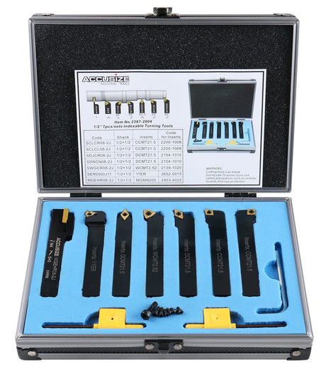 Accusize Industrial Tools 7 Pieces/Set 1/2'' Indexable Carbide Turning Tool Set in Fitted Box, 2387-2004 Accusize Industrial Tools