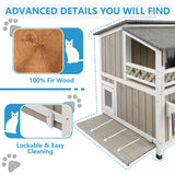 Gowoodhut Feral Cat Shelter Outdoor Weatherproof - Two Story Wooden Cat House Outside Feral Cat House with Balcony Waterproof, Escape Door Gowoodhut