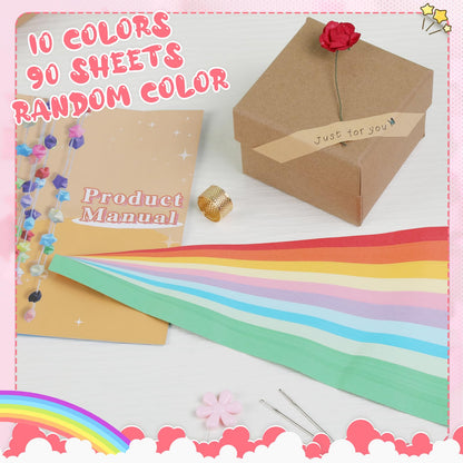 Star Origami Paper,Origami Paper Kit,90 Sheets 10 Color Star Paper Strip Double Sided Origami Stars Paper With Box Solid Color Lucky Star Decoration