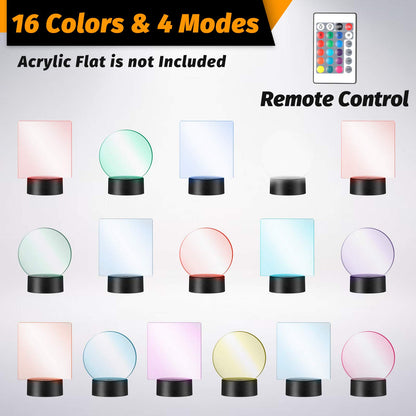 4 Pieces 3D Night LED Light Lamp Base and 4 Pieces Clear Acrylic Sheets with Remote Control and USB Cable, Christmas DIY Acrylic Adjustable 16 Colors - WoodArtSupply