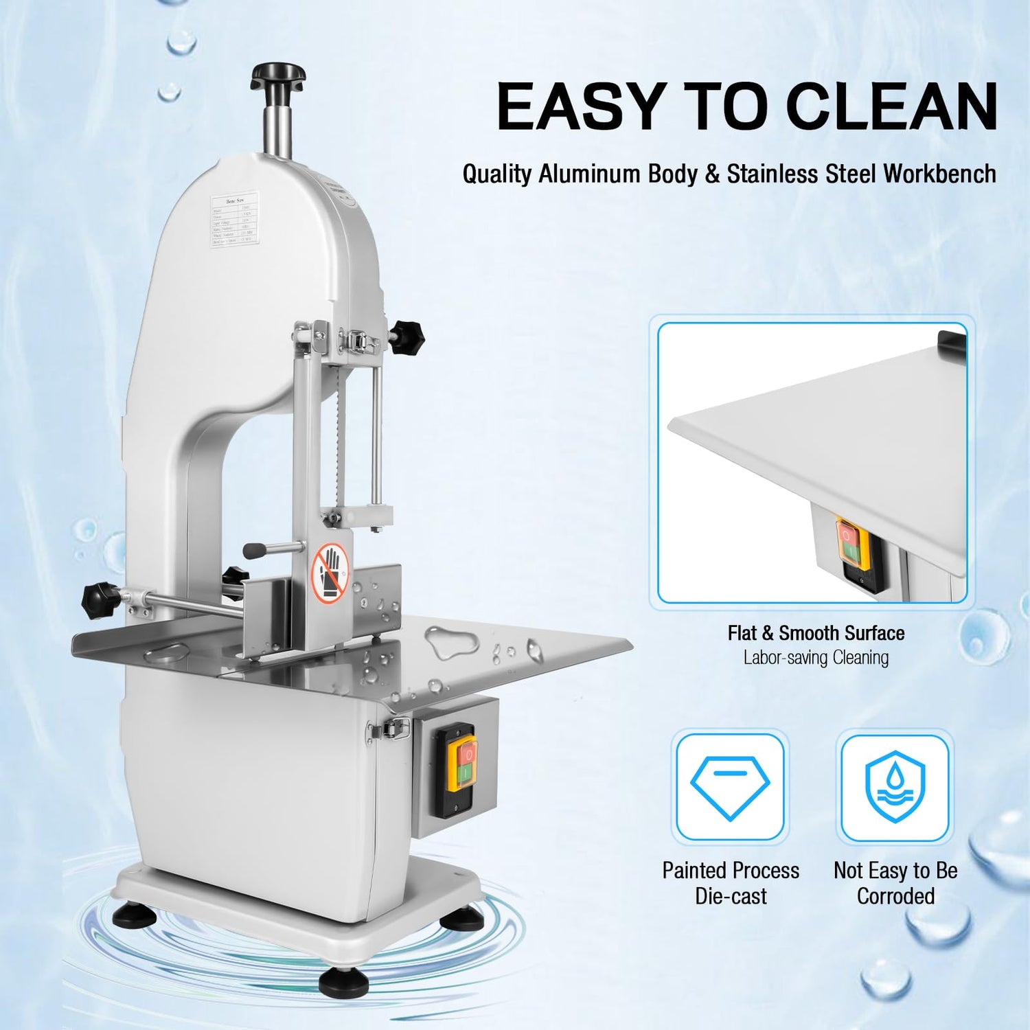 Electric Meat and Bone Saw w/18.7 * 14.96 inche Workbench, 1500W Stainless Steel Commercial Bone Band Saw Machine - 6.3 inches Adjustable Cutting REBaiYU