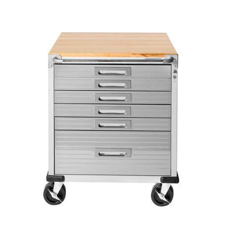 Seville Classics UltraHD Heavy Duty Rolling Cabinet Workbench Table w/Solid Wood Top Workstation for Garage, Office, Workshop, 6-Drawer (28" W x 25" Seville Classics