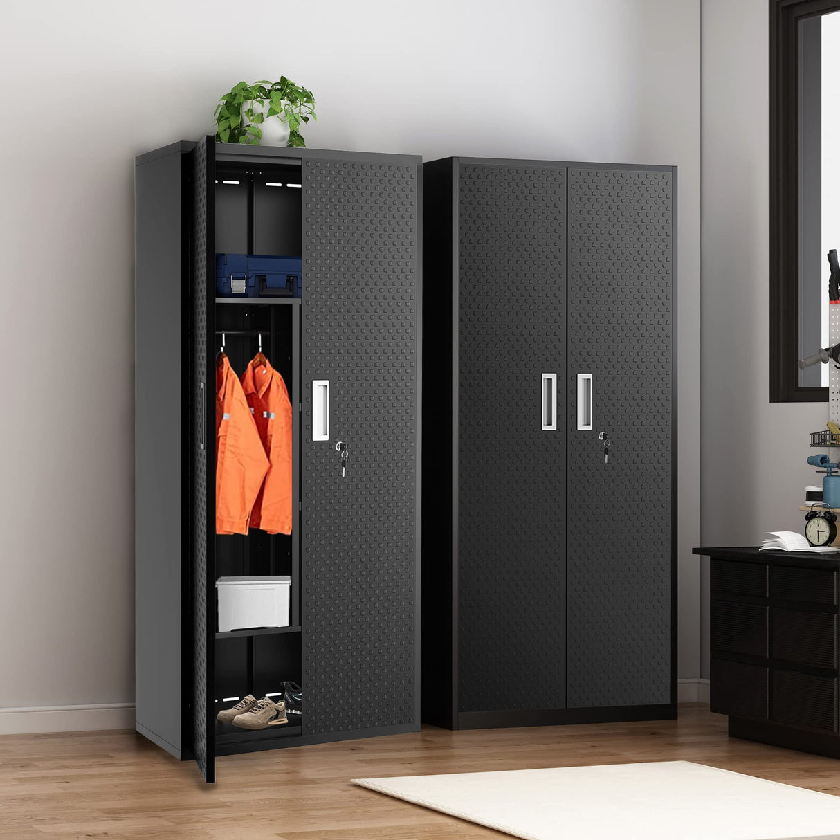 Metal Storage Cabinets Locker for Home Office, 71" Garage Storage Cabinet with Lockable Door,Adjustable Shelves and Hanging Rod, Steel Wardrobe kingwolfox